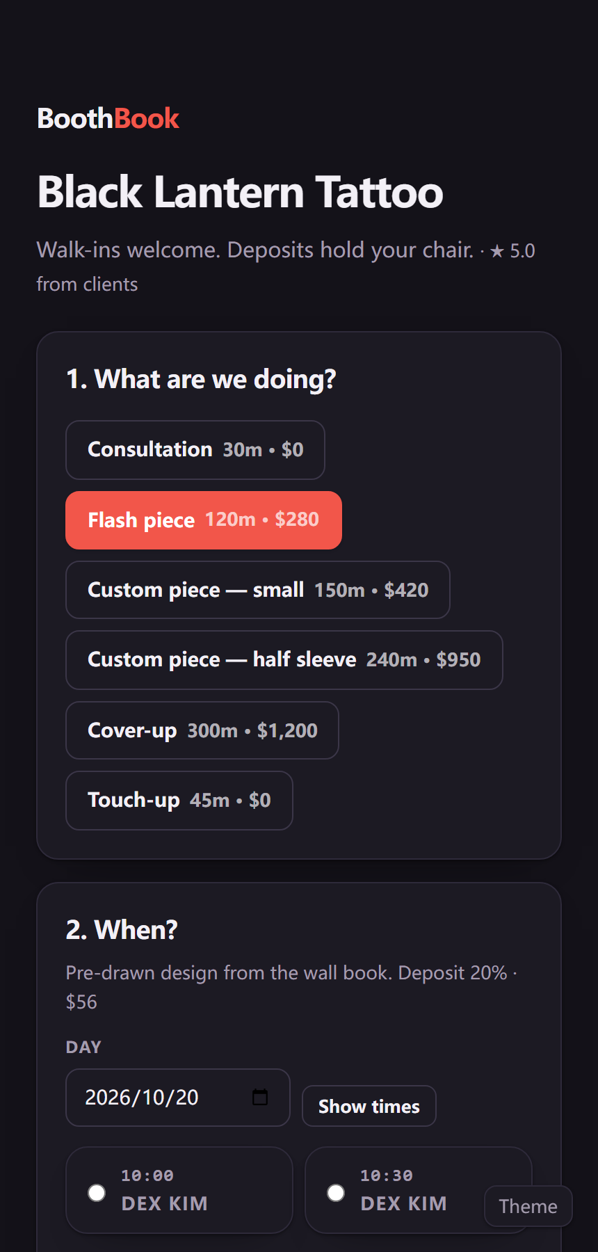 Public booking page in dark mode