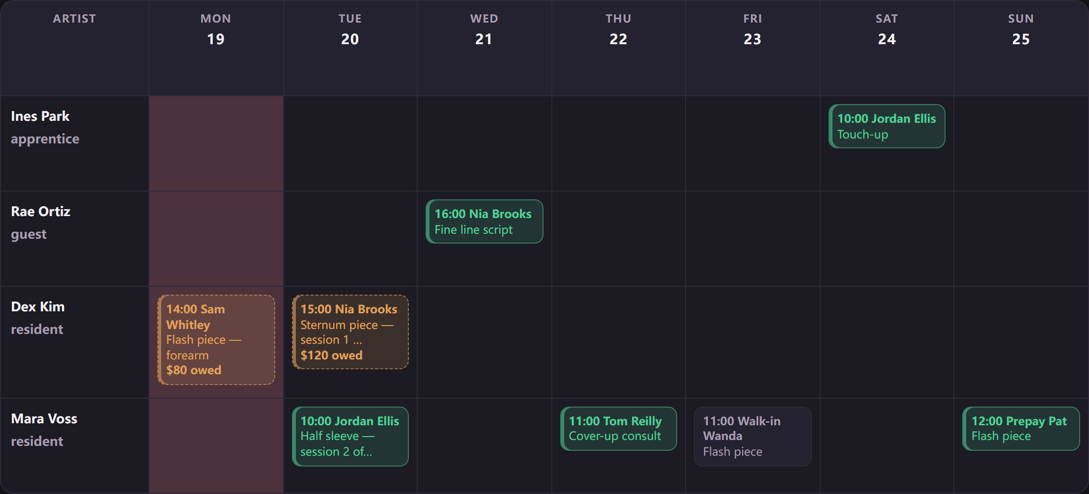Week calendar in dark mode