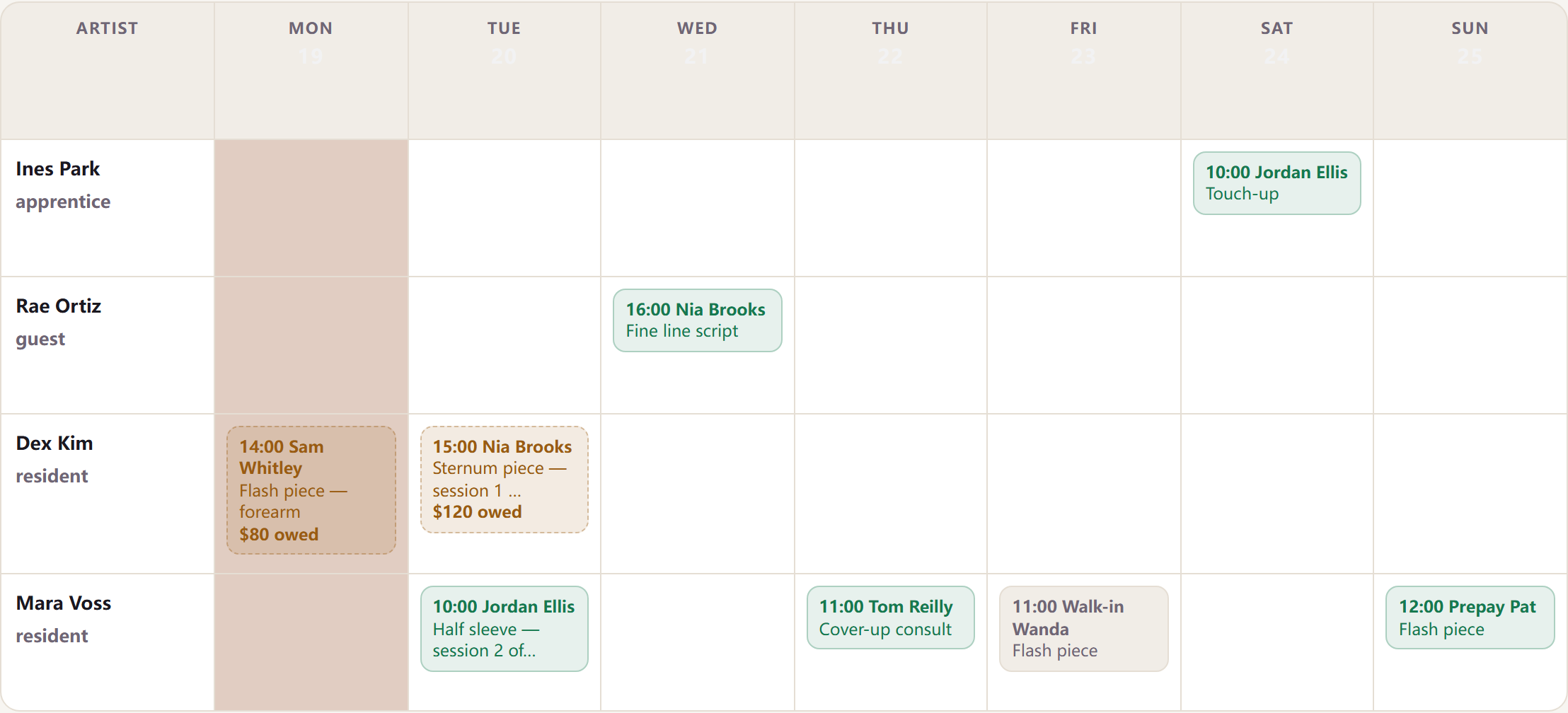 Week calendar: dashed blocks are unpaid holds, solid blocks are held chairs